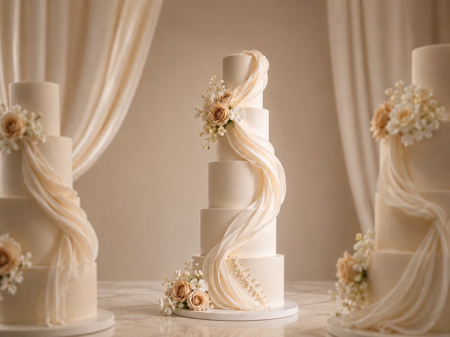 Tiered wedding cake dressed with blush roses